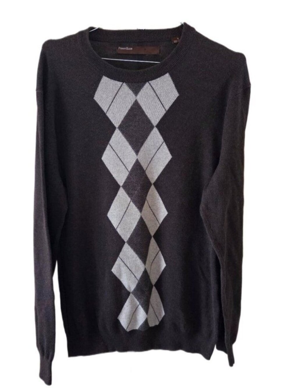 Perry Ellis Men's Brown Crewneck Argyle Long Sleeve Sweater